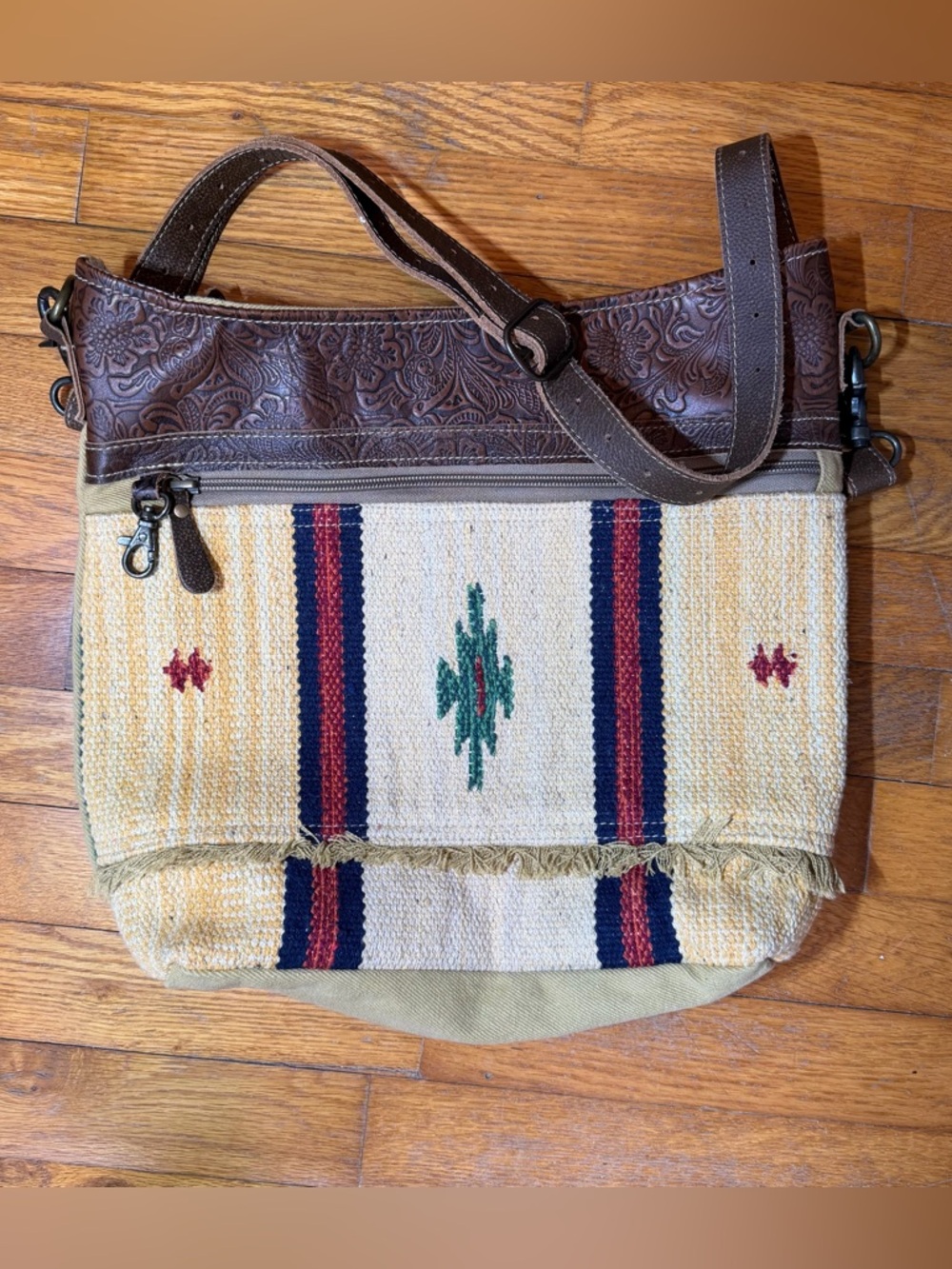 Myra- Western Woven Crossbody Bag with Tooled Brown Leather Trim